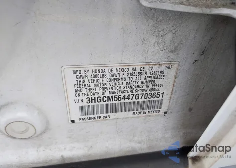 2007 Honda Accord 2.4 Lx из США, поврежденный, VIN 3HGCM56447G703651